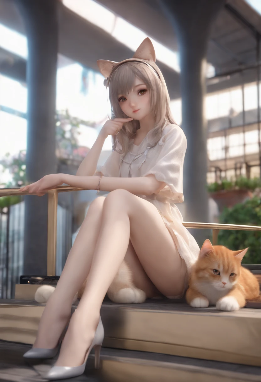 (highres,best quality:1.2), anime, sitting girl, crossed legs, cute 3D anime girl rendering, anime girl with cat ears, realistic 3D anime style, 3D anime girl, anime style 3D, realistic anime girl rendering, attractive cat girl, realistic 3D anime, cute anime cat girl, anime cat girl, smooth anime CG art