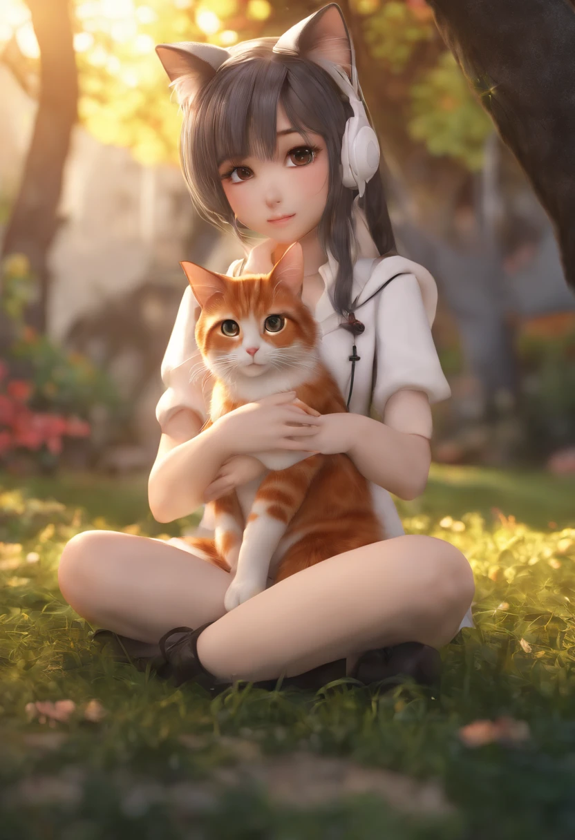 (highres,best quality:1.2), anime, sitting girl, crossed legs, cute 3D anime girl rendering, anime girl with cat ears, realistic 3D anime style, 3D anime girl, anime style 3D, realistic anime girl rendering, attractive cat girl, realistic 3D anime, cute anime cat girl, anime cat girl, smooth anime CG art