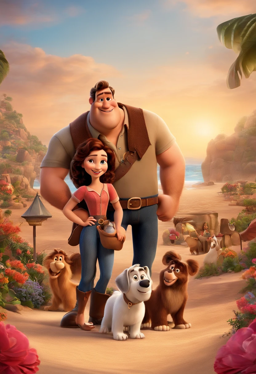 a Disney Pixar movie poster showing a white-skinned family. The father is the tallest, Tem barba curta, loiro, cabelos curtos e espinhosos. The mother has brown eyes and hair, shoulder-length and is slightly overweight. A tem 4 anos e cabelos castanhos, roupa rosa e rabos de cavalo. The background is a beach garden. 3D-rendering