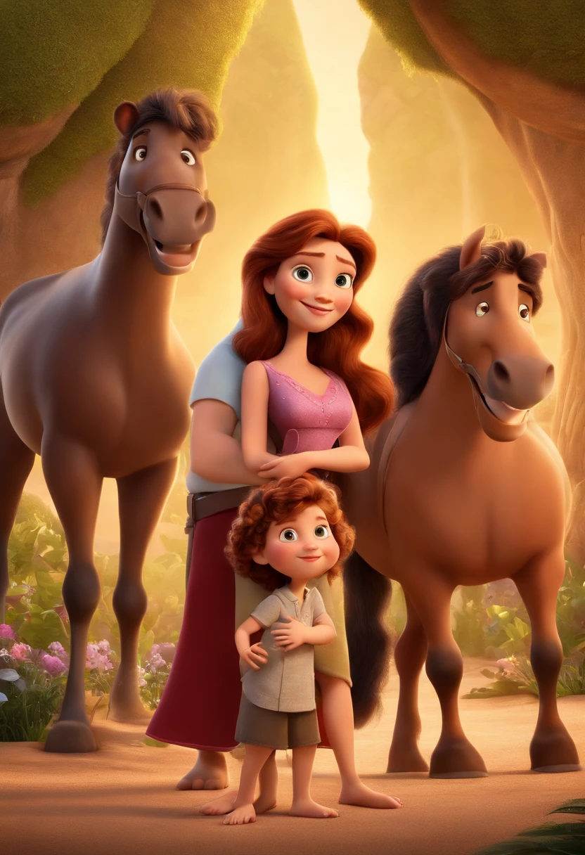 a Disney Pixar movie poster showing a white-skinned family. The father is the tallest, Tem barba curta, loiro, cabelos curtos e espinhosos. The mother has brown eyes and hair, shoulder-length and is slightly overweight. A menina tem 4 anos e cabelos castanhos, roupa rosa e rabos de cavalo. The background is a beach garden. 3D-rendering