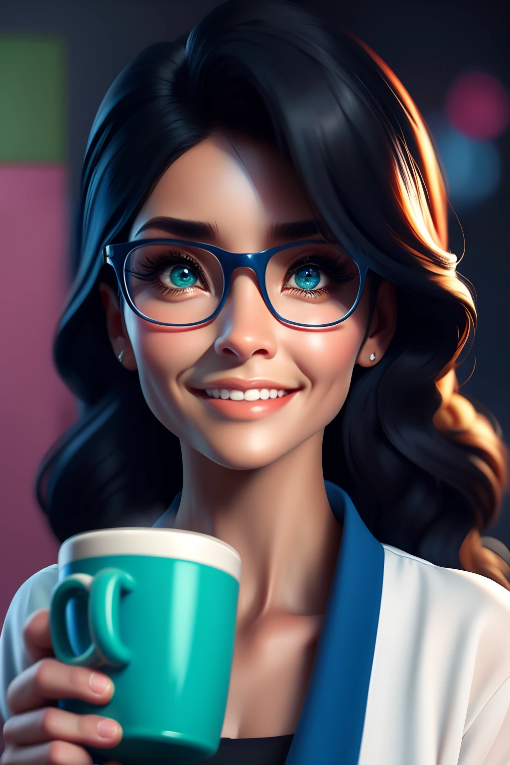 obra-prima, melhor qualidade, trabalho de rending 3d, estilo 3DMM, close-up, retrato, 3D, mulher 43 anos, pele morela, olhos castanhos, black eyeglasses, medium wavy black hair, soft braces smile, 80 kg sobrepeso, veste blusa azul claro, manga comprida com volume, holding a mug of coffee, ao lado de uma mesa de estudos, na mesa uma agenda aberta, canetas, pencils. Cores Candy color, cute