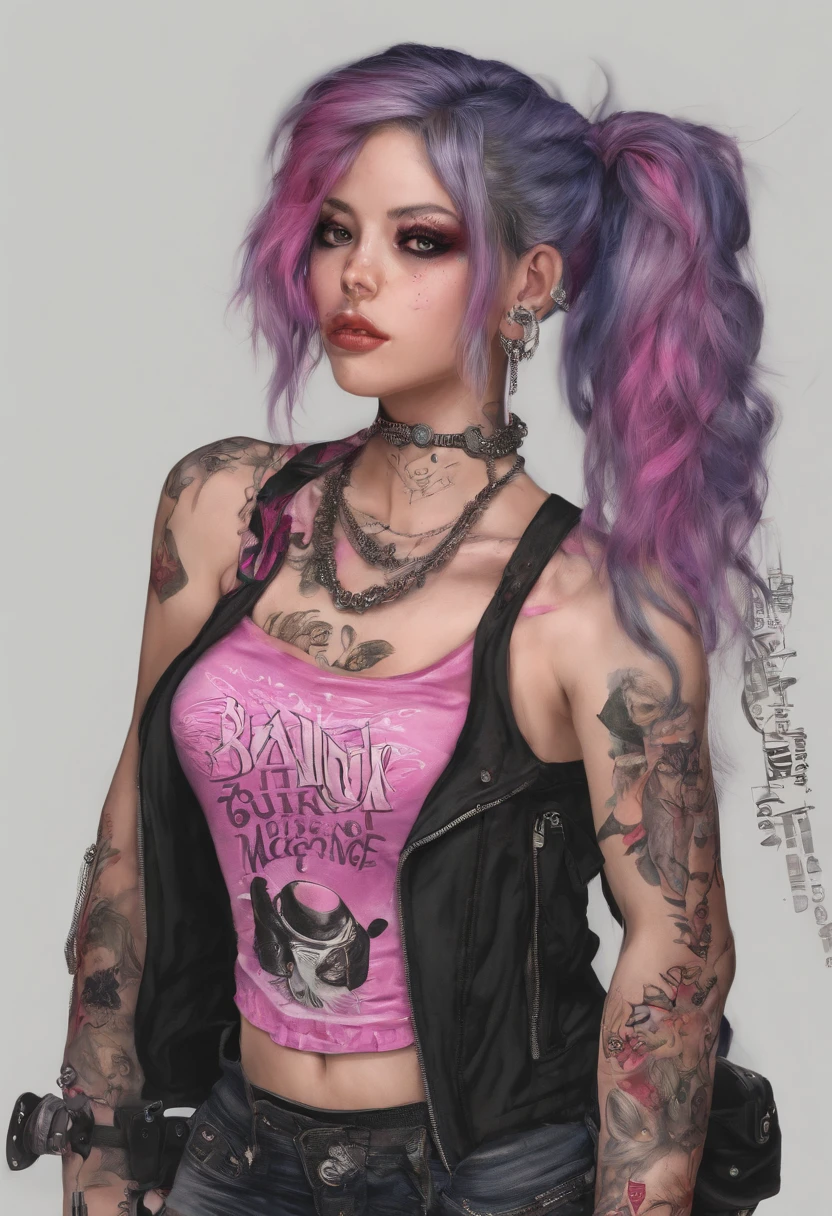 Uma menina coreana bonita,cabelo rosa longo,Tatuado com,corpo inteiroesbian,Usando uma gola punk,Use um bandeau punk preto sem mangas,Use hot pants punk ultra-curtas,Use botas Martin,bad girl,s o rosto perfeito,Coloque uma maquiagem leve,Use um anel de rubi,Estilo cool e funky,rapper,Tem na rua,Ultra foto realsisim,8k