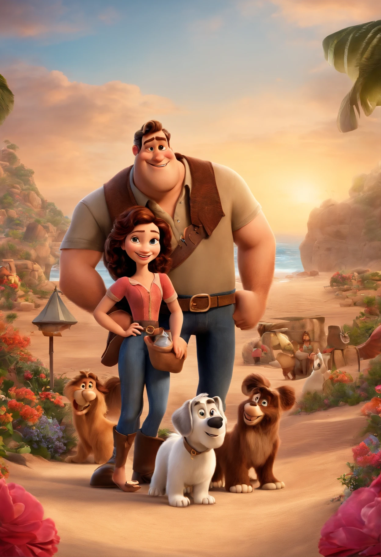 a Disney Pixar movie poster showing a white-skinned family. The father is the tallest, Tem barba curta, loiro, cabelos curtos e espinhosos. The mother has brown eyes and hair, shoulder-length and is slightly overweight. A menina tem 4 anos e cabelos castanhos, roupa rosa e rabos de cavalo. The background is a beach garden. 3D-rendering