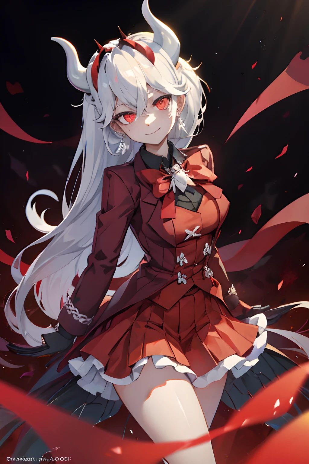 beelzebub(helltaker), red bowtie,1girl, looking at viewer, red eyes, demon horns, white hair, upper body, smile, earrings, closed mouth, demon girl, red gloves, gloves, jewelry, horns, white horns, solo, hair between eyes, cowboy shot, 1girl, solo, green eyes, very long hair, ponytail, school uniform, standing, leaning forward, arms behind back, smile, classroom