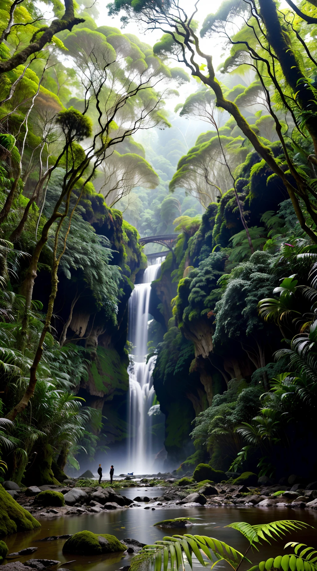 Sala de estar com vista para uma montanha e uma floresta, mountainous jungle setting, jungle setting, Como uma cena de Blade Runner, magical ambiance, pintura escura ultrarrealista, em um ambiente de selva, pleasant environment, floresta nublada, Selva bonita, ambiente mal-humorado, Selva exuberante, Inside an alien jungle, Plantas e selva, montanhas da floresta tropical, ambiente relaxante