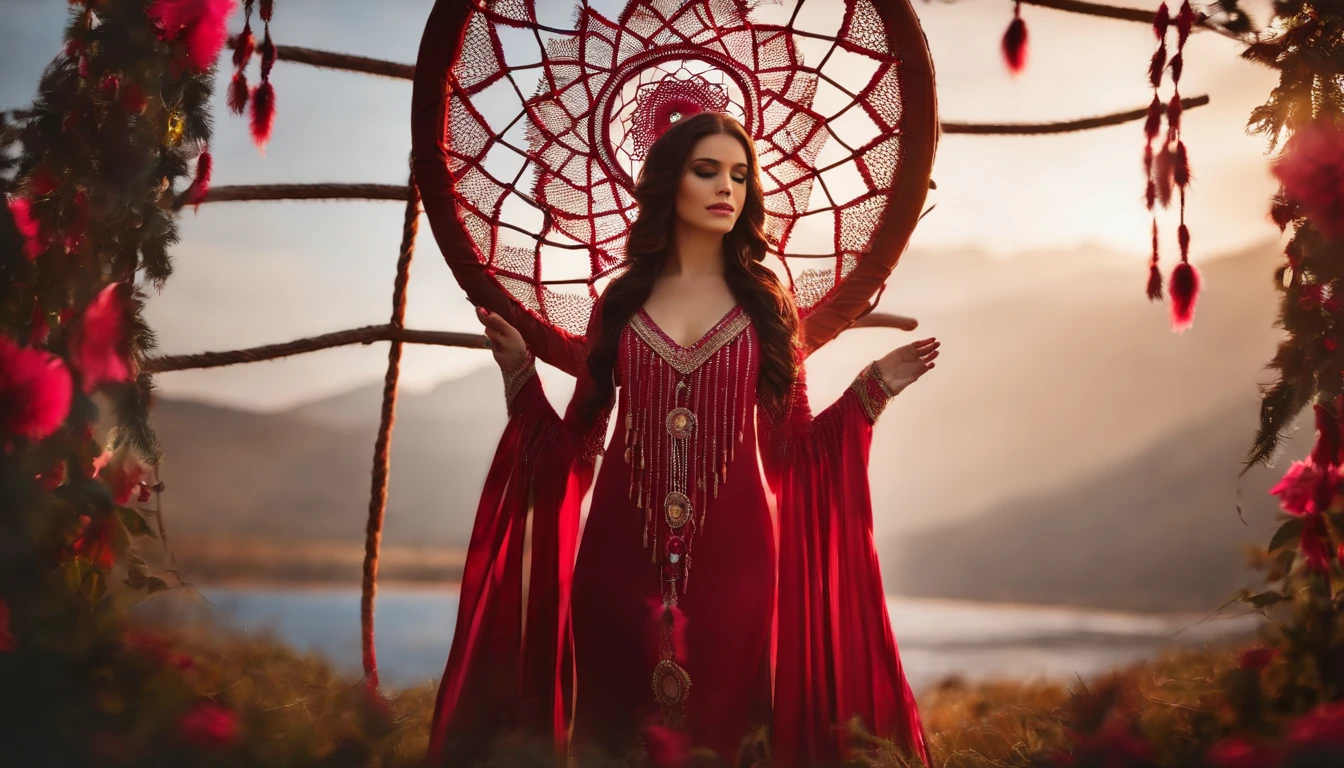(best quality, master part), (1girl, sozinho, vestido preto, Standing , Olhando para o Viewer, cabelos brancos, olhos vermelhos, segurando rosa, boca fechada, parte superior do corpo), (Red Dreamcatcher behind, flor vermelha, )