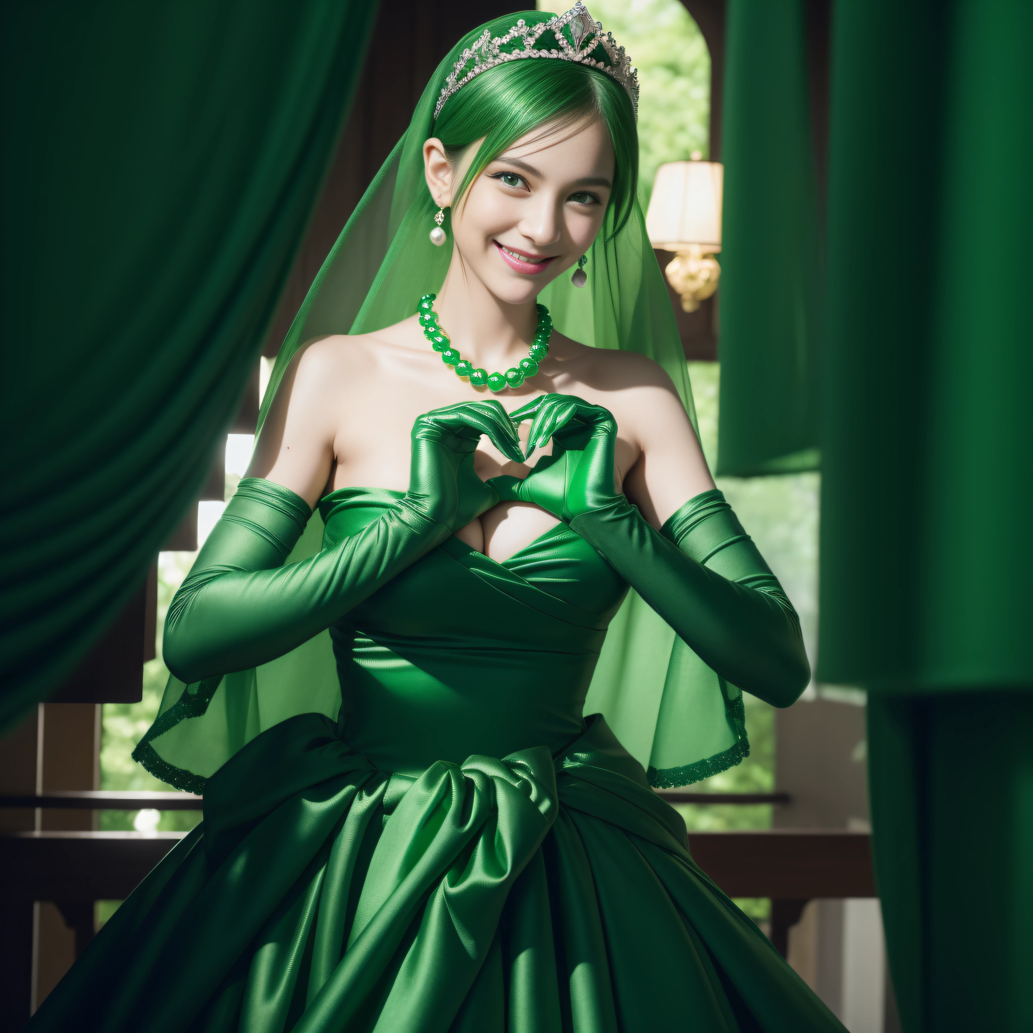 emerald tiara, Green Pearl Necklace, Boyish very short green hair, lipsticks, Japan woman smiling, very short short hair, big breasts beautiful, Green eyes, Long green gloves made of satin material, Green eyes, Emerald Earrings, green vale, Heart with both hands