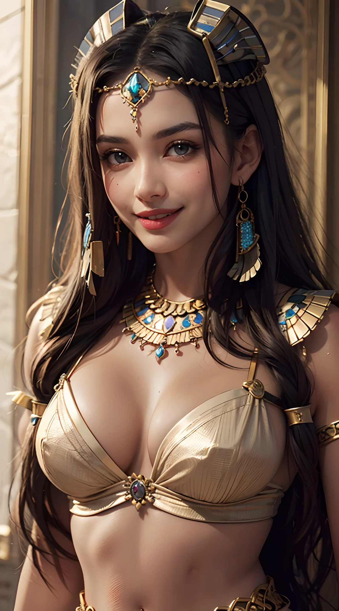(best quality, 4k, 8k, high-res, masterpiece:1.2), ultra-detailed, (realistic, photorealistic, photo-realistic:1.37), (beautiful detailed eyes, beautiful detailed lips, extremely detailed eyes and face), studio lighting, physically-based rendering, vivid colors, (big tits, super big tits, super extra big tits), ((waist)), (cleopatra:1.5), (portrait, smile and laugh), (tanned skin:1.5), (jewelry and jewelry:1.5),