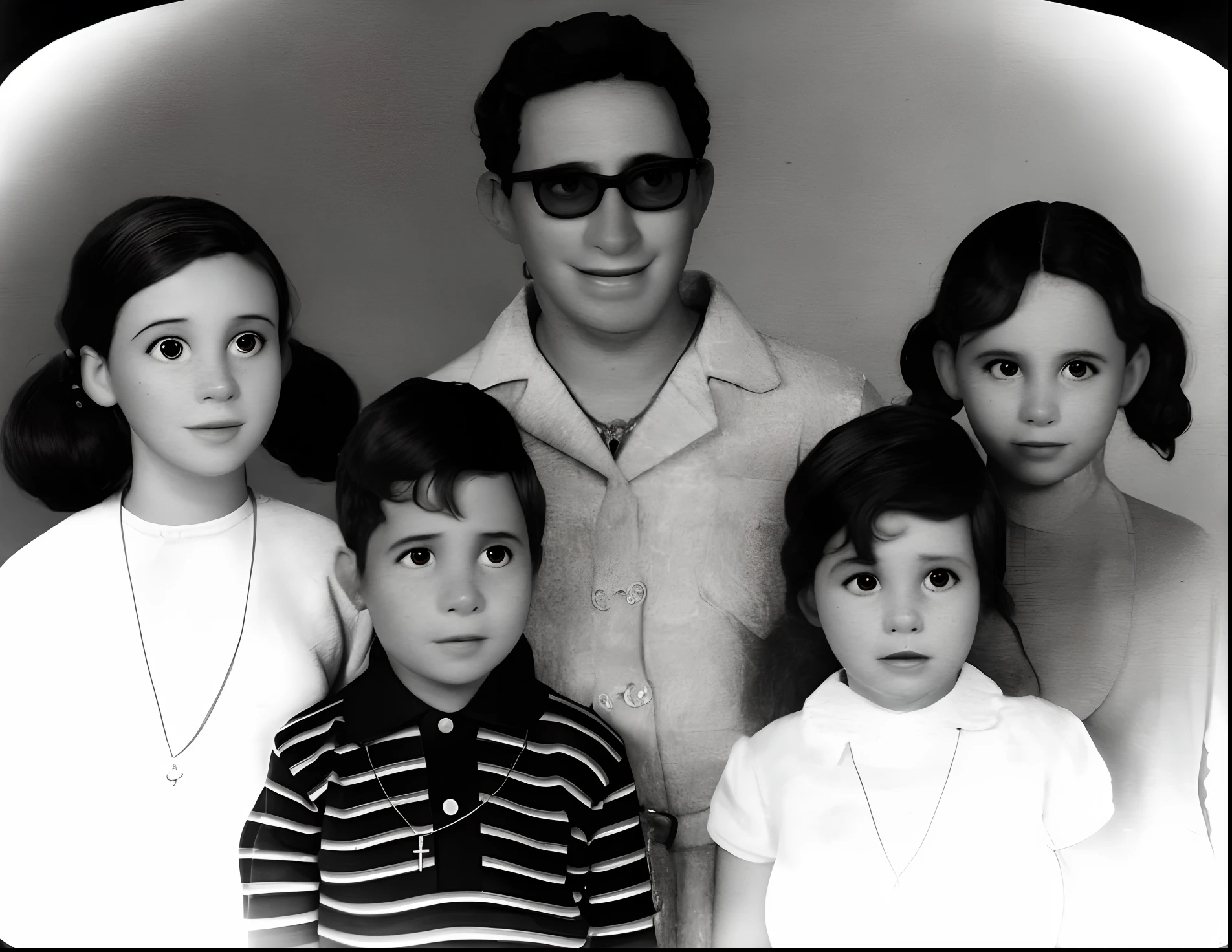 Arafed black and white photo of a family of four, taken in the early 1960s, final 1 9 6 0 anos, imagem antiga, historical picture, historical image, foto antiga, 1950s family, historic photo, foto antiga em preto e branco, 1 9 7 5 foto, largura da foto antiga 768