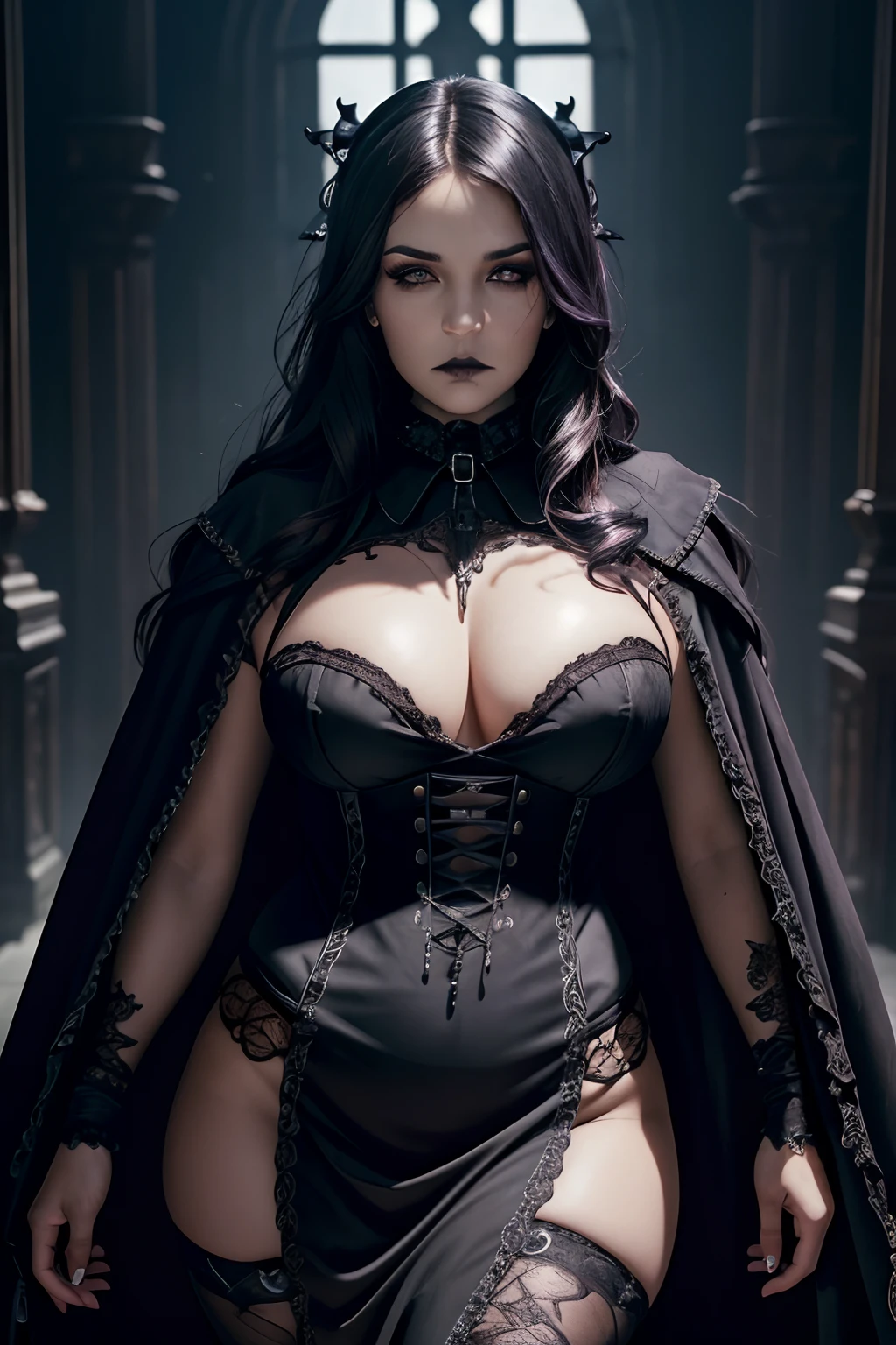 highres,masterpiece,perfect lighting,bloom,cinematic lighting,adult,perfect skin,female,looking at viewer,cowboy shot,(gothic:1.5),curvy figure,mesmerizing,dramatic smoky eye makeup,wearing a velvet cloak,ornate silver key,hinting at the mysteries that lie within her world,