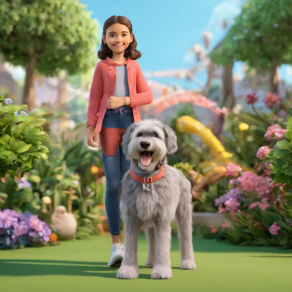 Izabela is a smiling 9-year-old human girl, com seu fiel amigo, Bolt, o cachorro schnauzer, deitados no jardim