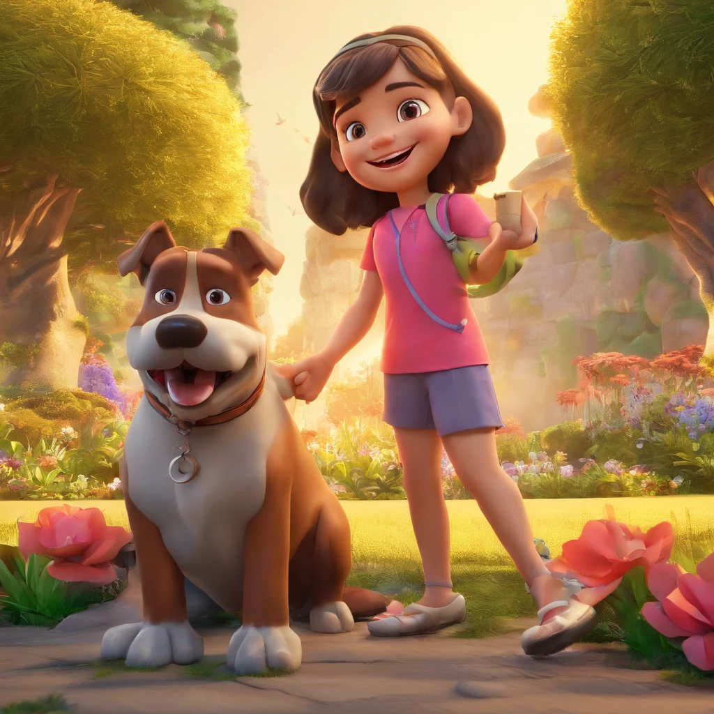 Izabela is a smiling 9-year-old human girl, com seu fiel amigo, Bolt, o cachorro schnauzer, deitados no jardim