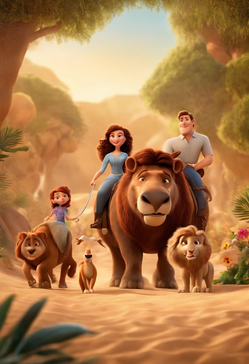 a Disney Pixar movie poster showing a white-skinned family. The father is the tallest, Tem barba curta, loiro, cabelos curtos e espinhosos. The mother has brown eyes and hair, shoulder-length and is slightly overweight. A tem 4 anos e cabelos castanhos, roupa rosa e rabos de cavalo. The background is a beach garden. 3D-rendering