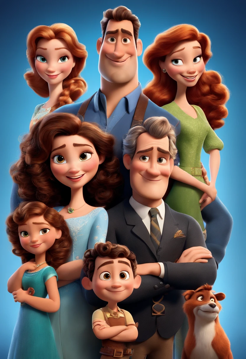 a Disney Pixar movie poster showing a white-skinned family. The father is the tallest, Tem barba curta, loiro, cabelos curtos e espinhosos. The mother has brown eyes and hair, shoulder-length and is slightly overweight. A menina tem 4 anos e cabelos castanhos, roupa rosa e rabos de cavalo. The background is a beach garden. 3D-rendering