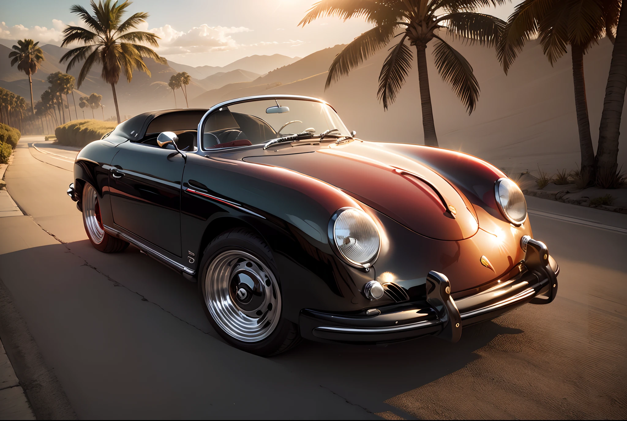 Hiper modificado Red Porsche 356 speedster Show Car, enormes rodas BBS, Ridiculously low posture parked near palm trees in sunny California