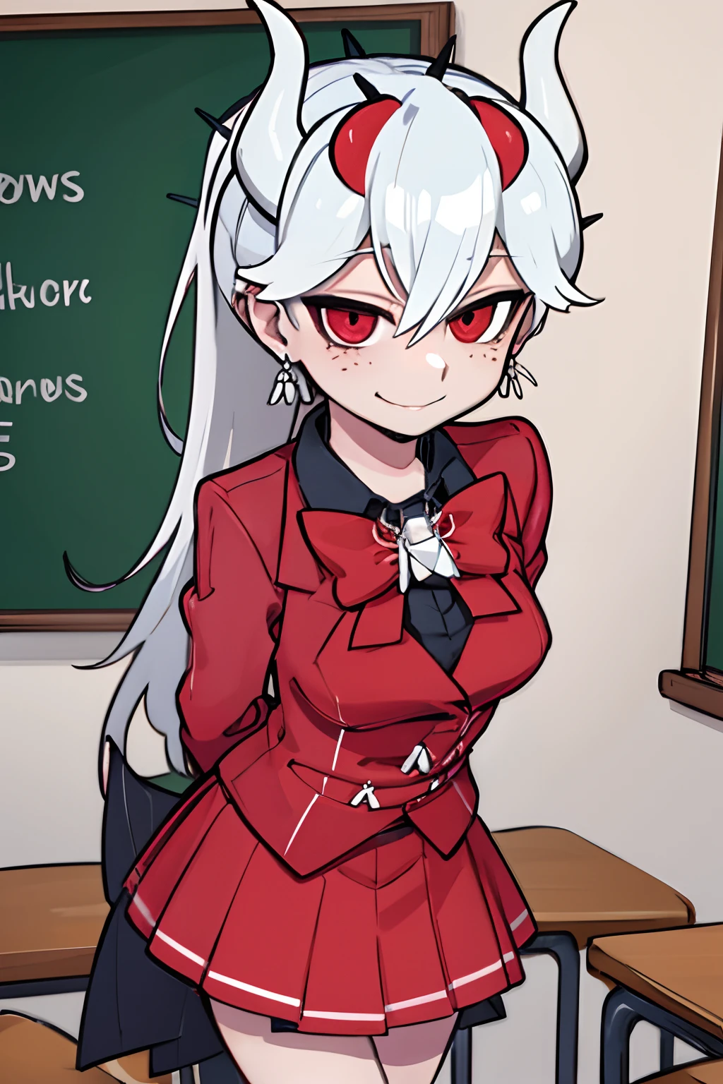 beelzebub(helltaker), red bowtie,1girl, looking at viewer, red eyes, demon horns, white hair, smile, earrings, closed mouth, demon girl, red gloves, gloves, jewelry, horns, white horns, solo, hair between eyes, cowboy shot, 1girl, solo, very long hair, ponytail, school uniform, standing, leaning forward, arms behind back, smile, classroom