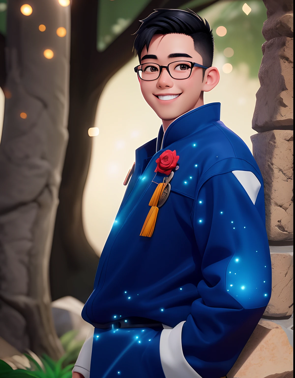Masterpiece, best quality, Perfect anime illustration, 1 boy, asian male, close up, smile, very short black hair, light particle, thin metal glasses, volumetric lighting, Canon EOS-1D X Mark III f/2.8, studio lighting