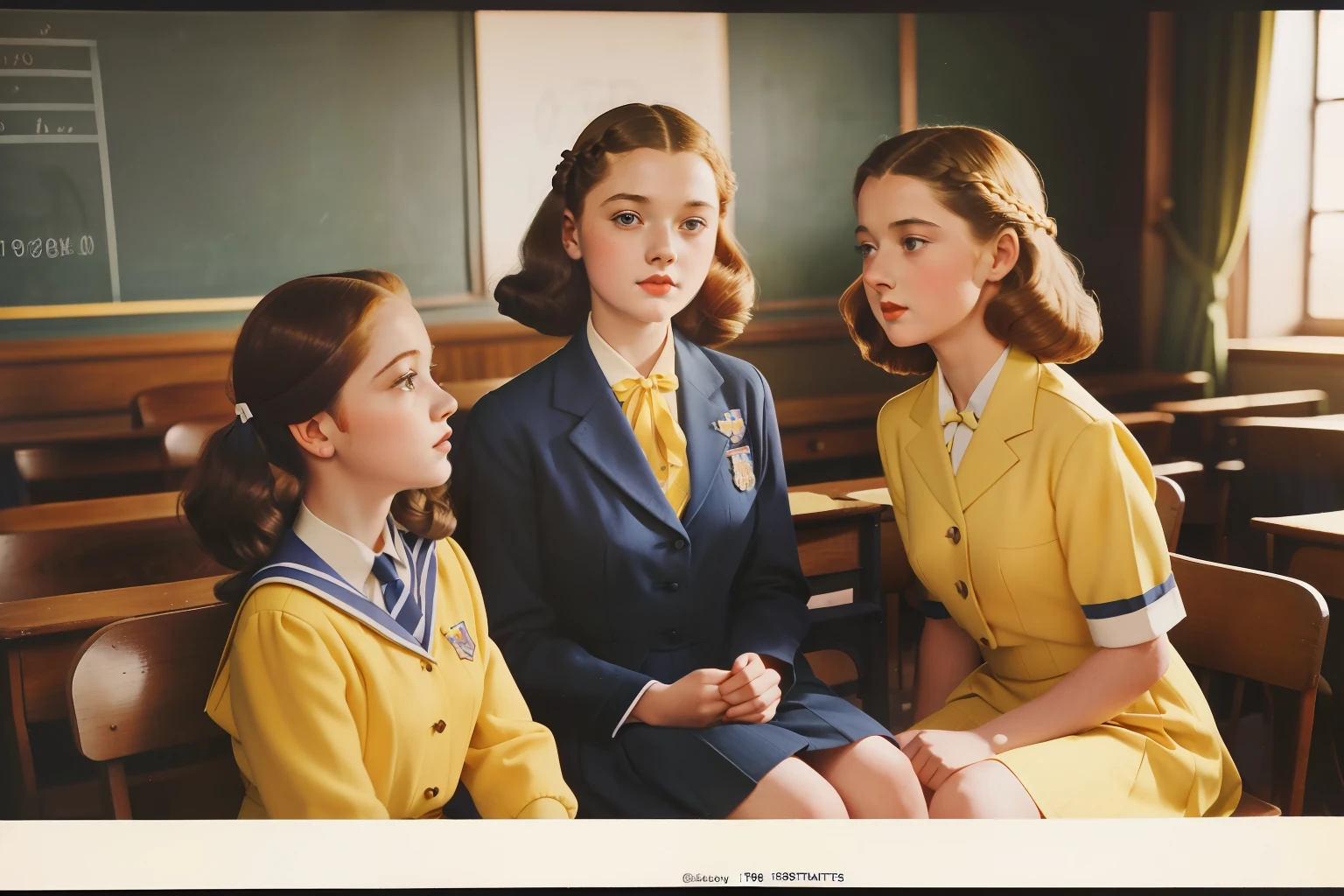 year: 1946. Location: England. Pre-Raphaelite -yeld scl girls, yellow uniform, boarding school, Malory Towers, ((((school Clothing from the 1940s)))) ((Hairstyle of the 1940s)), ((("OMITB" cinematography)))