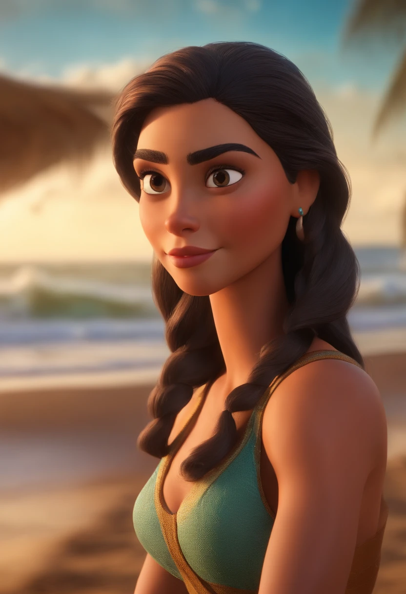 Imagem estilo Pixar com personagem 3D mulher morena cabelo cacheado longo na praia , Maquiagem Disney,Pescador, bonitinho, sorridente ,Close-up, Pixar, Disney, Cinema lighting,