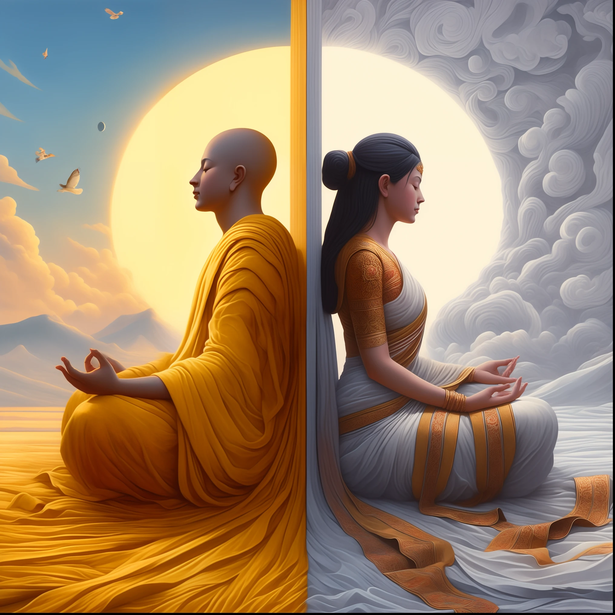 buddha and a woman sitting in meditation pose in front of a sunset, hindu stages of meditation, buddhism, by Alexander Kucharsky, on path to enlightenment, beautiful depiction, by Johfra Bosschart, buddhist, duality, on the path to enlightenment, spiritual enlightenment, by Galen Dara, michael whelan and karol bak, meditation, hindu aesthetic
