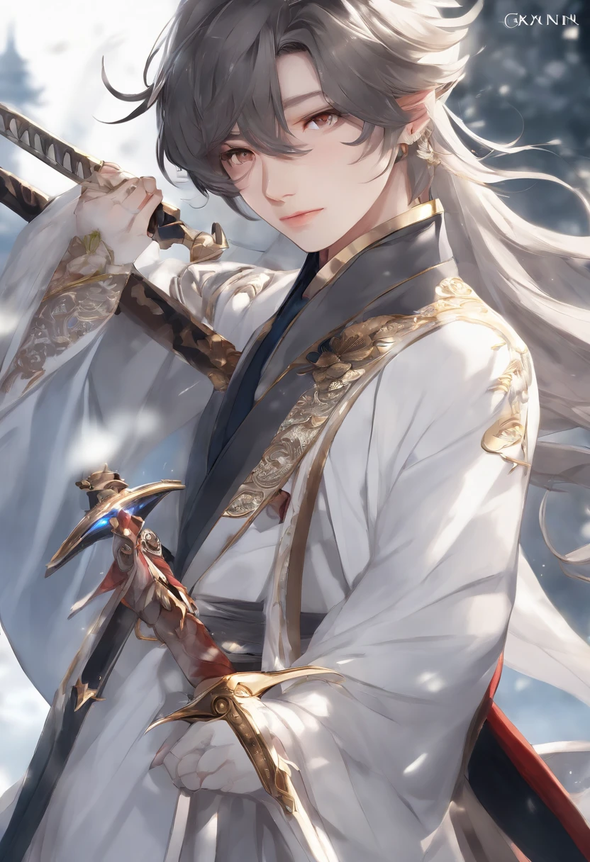 Un primer plano de una persona sosteniendo una espada y una espada, Zhongli de Genshin Impact, Hero of Xianxia, Keqing de Genshin Impact, Wuxia de cuerpo completo, Xilaxia de cuerpo completo, Personaje de Genshin Impact, inspirado por Zhao Yuan, por Yang J, Bian Lian, Heise Jinyao, Estilo de arte G Liulian,teenager,(white background),ojos grandes,(full body)