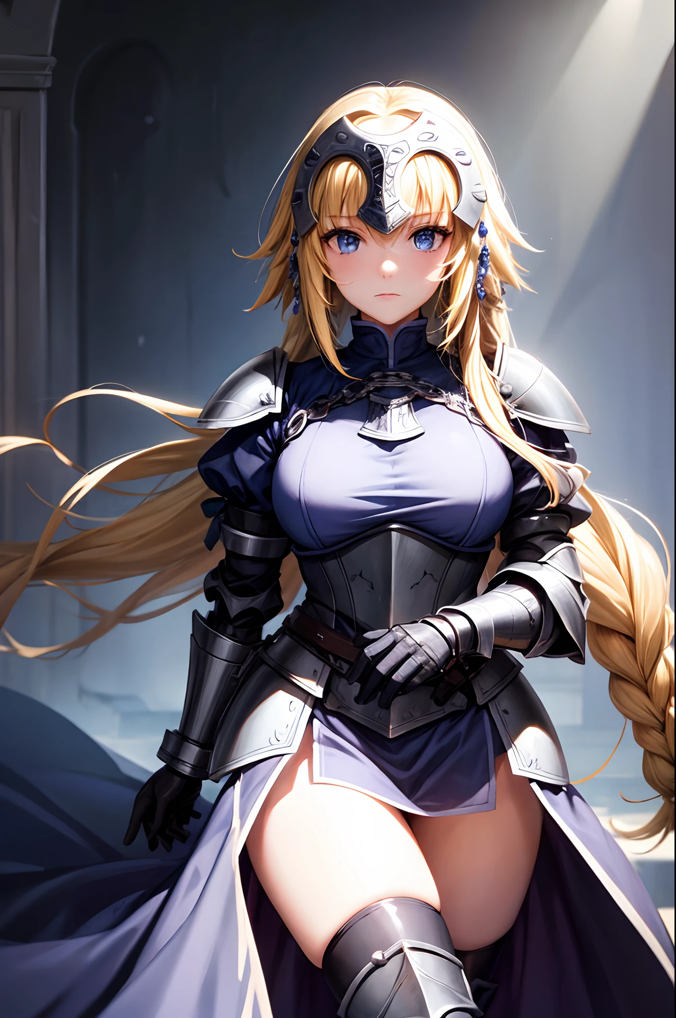 (masterpiece), 1girl, solo, best quality, expressive eyes, perfect face, jeannedarc, jeanne darc, blonde hair, blue eyes, long hair, armor, armored boots, armored dress, black gloves, black thighhighs, braid, dress, gauntlets, gloves, headpiece, blue dress, single braid, thighhighs, close up portrait, from frontal