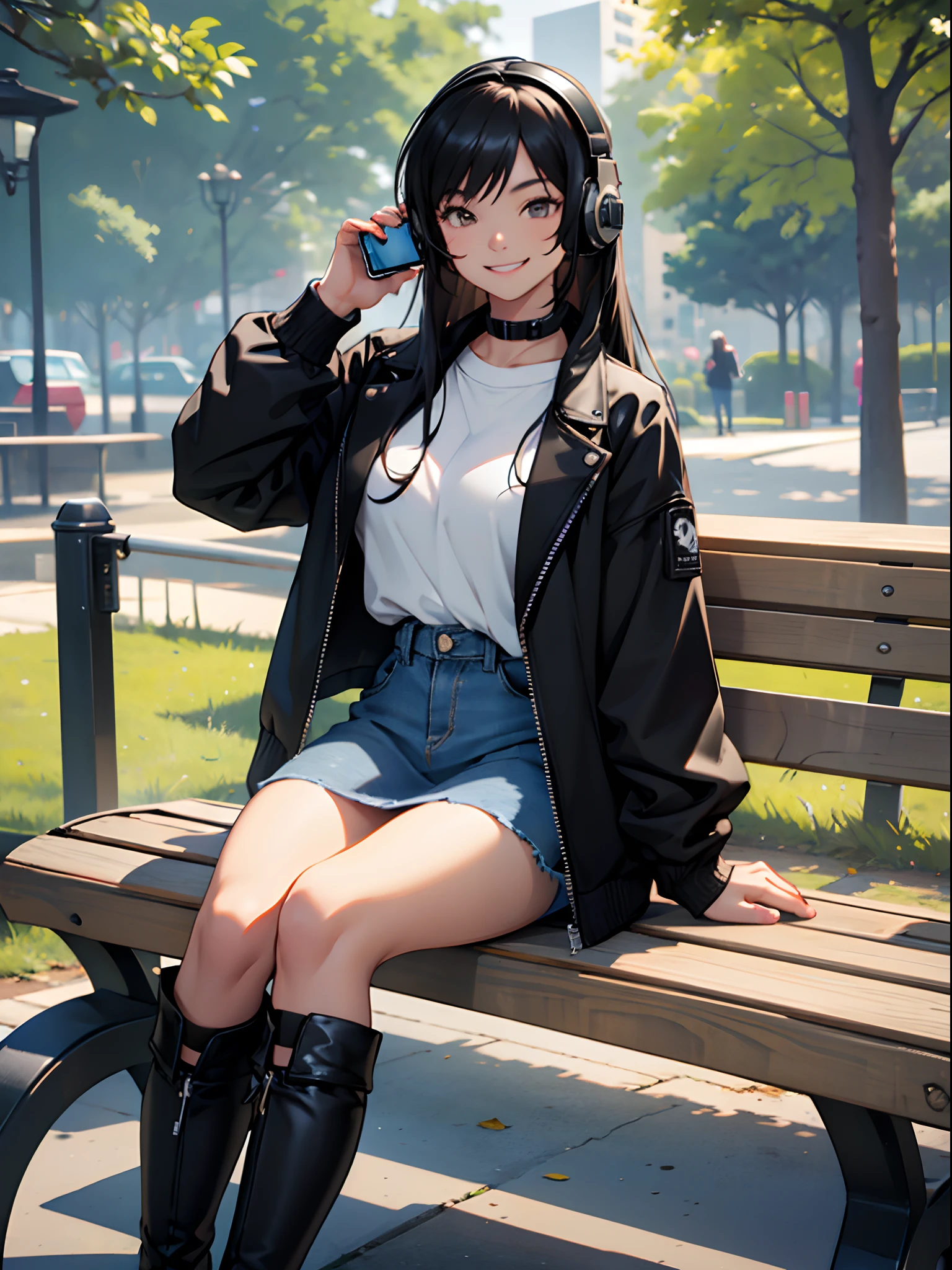 A girl with black jacket, denim skirt, black knee boots, white t-shirt, Big headphones, black long hair, smiling, happy pose, smiling, sitting on a bench on park, holding a phone