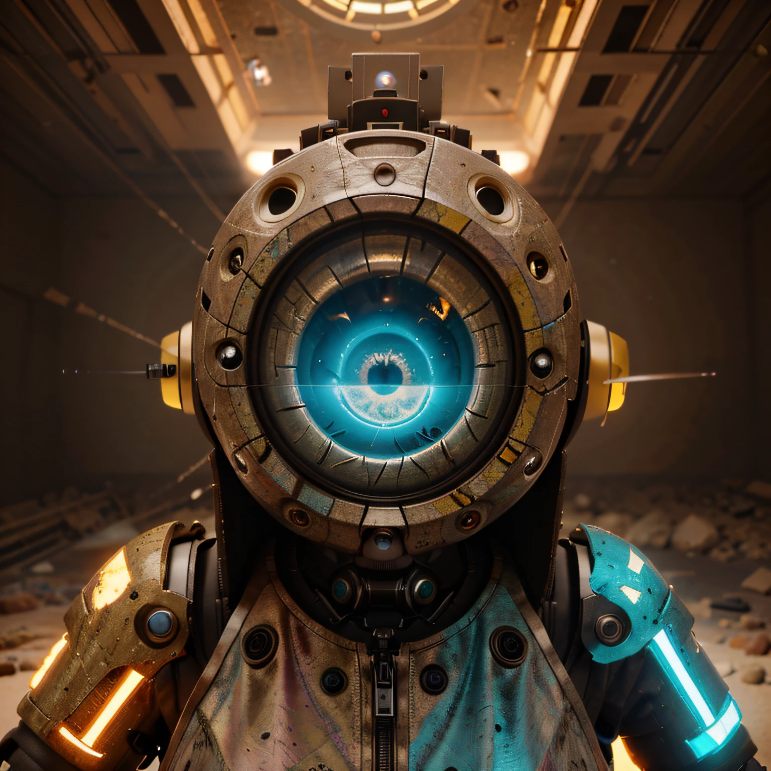 A toon Crazy Only Eye Robot Sexy Girl, tongs in hands, Tv head, pinhead, Yellow Pink Cyan Rusty, Ambient in a meteorite crater super detailed, center, beautiful, soft lighting, focused on the character, 4K resolution, photorealistic rendering,