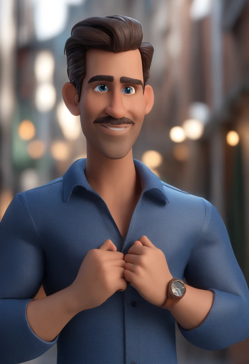 personagem dos desenhos animados de um homem e uma camisa social azul, animation character, Caractere estilizado, animation style rendering, 3D estilizado, Arnold Maya render, 3 d render stylized, toon render keyshot, Personagem 3D, Personagem 3D, 3d rendering stylized, 3 d character render, personagem de desenho animado, Personagem de close up, Pose de personagem, (Estilo Pixar) (master part:1.2) (Bokeh) (best quality) (pele detalhada) (textura detalhada) (8k) (argila) (Cinematic lighting) (foco nítido