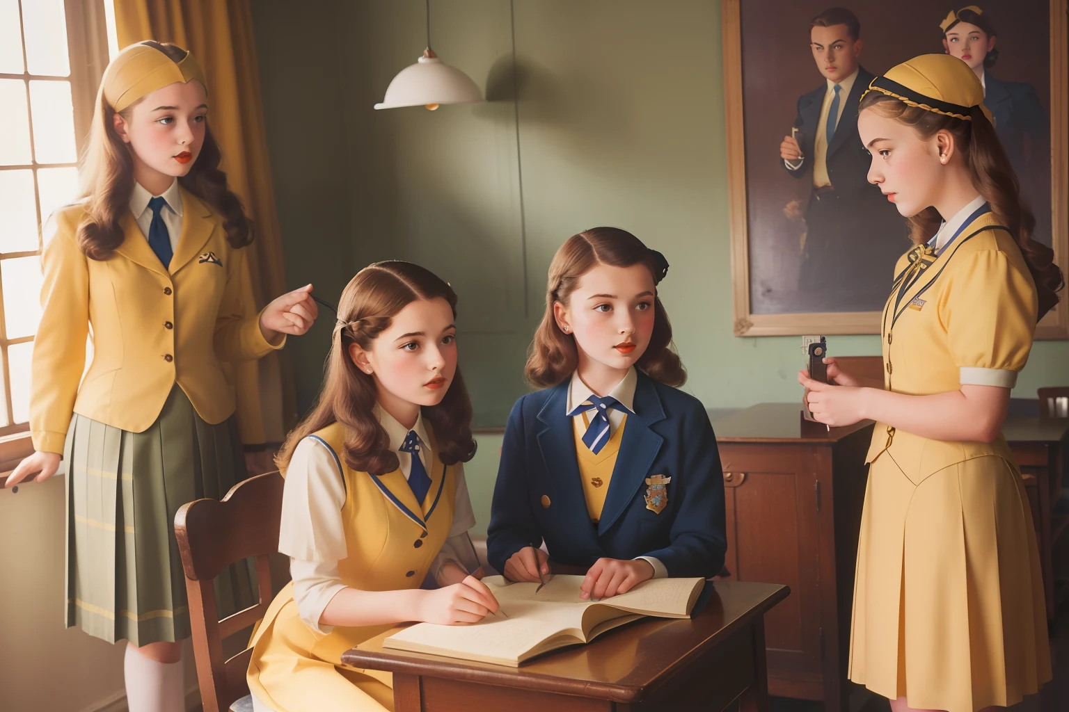 year: 1946. Location: England. Pre-Raphaelite 13-year-old school girls, yellow uniform, boarding school, Malory Towers, ((((school Clothing from the 1940s)))) ((Hairstyle of the 1940s)), ((("OMITB" cinematography)))