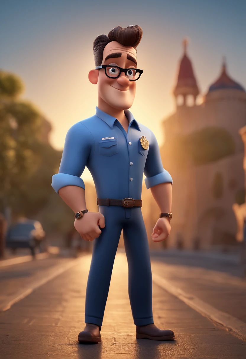 Cartoon character of a man with black glasses and a blue shirt, animation character, Caractere estilizado, animation style rendering, 3D estilizado, Arnold Maya render, 3 d render stylized, toon render keyshot, Personagem 3D, Personagem 3D, 3d rendering stylized, 3 d character render, personagem de desenho animado, Personagem de close up, Pose de personagem, (Estilo Pixar) (master part:1.2) (Bokeh) (best quality) (pele detalhada) (textura detalhada) (8k) (argila) (Cinematic lighting) (foco nítido