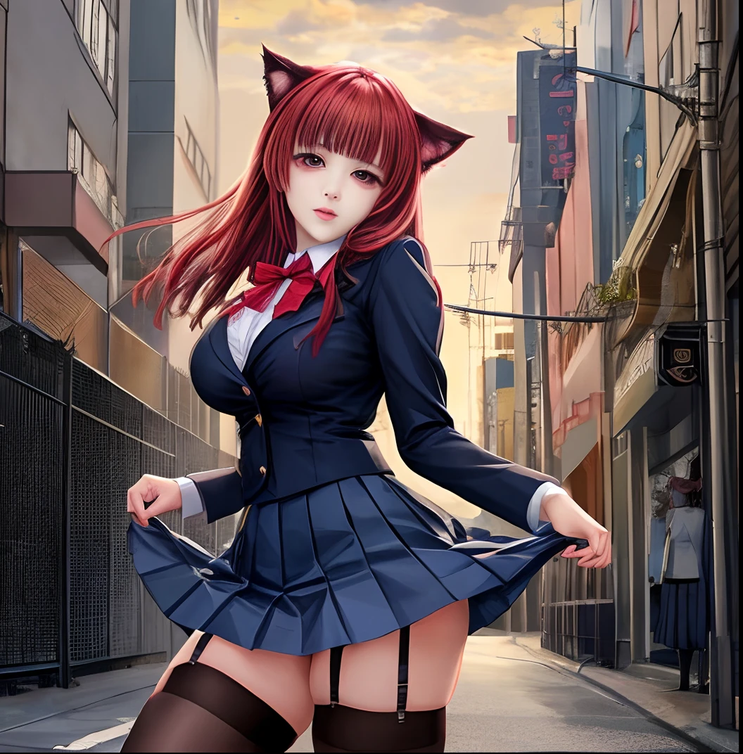 cute anime school girl demon red medium hair with bangs, red glowy eyes, realistic 8k, open legs, anime babe, lifting skirt but show underneath skirt, big breasts, scho girl lingerie, stockings, uniform cosplay, graphic design, furry cat,