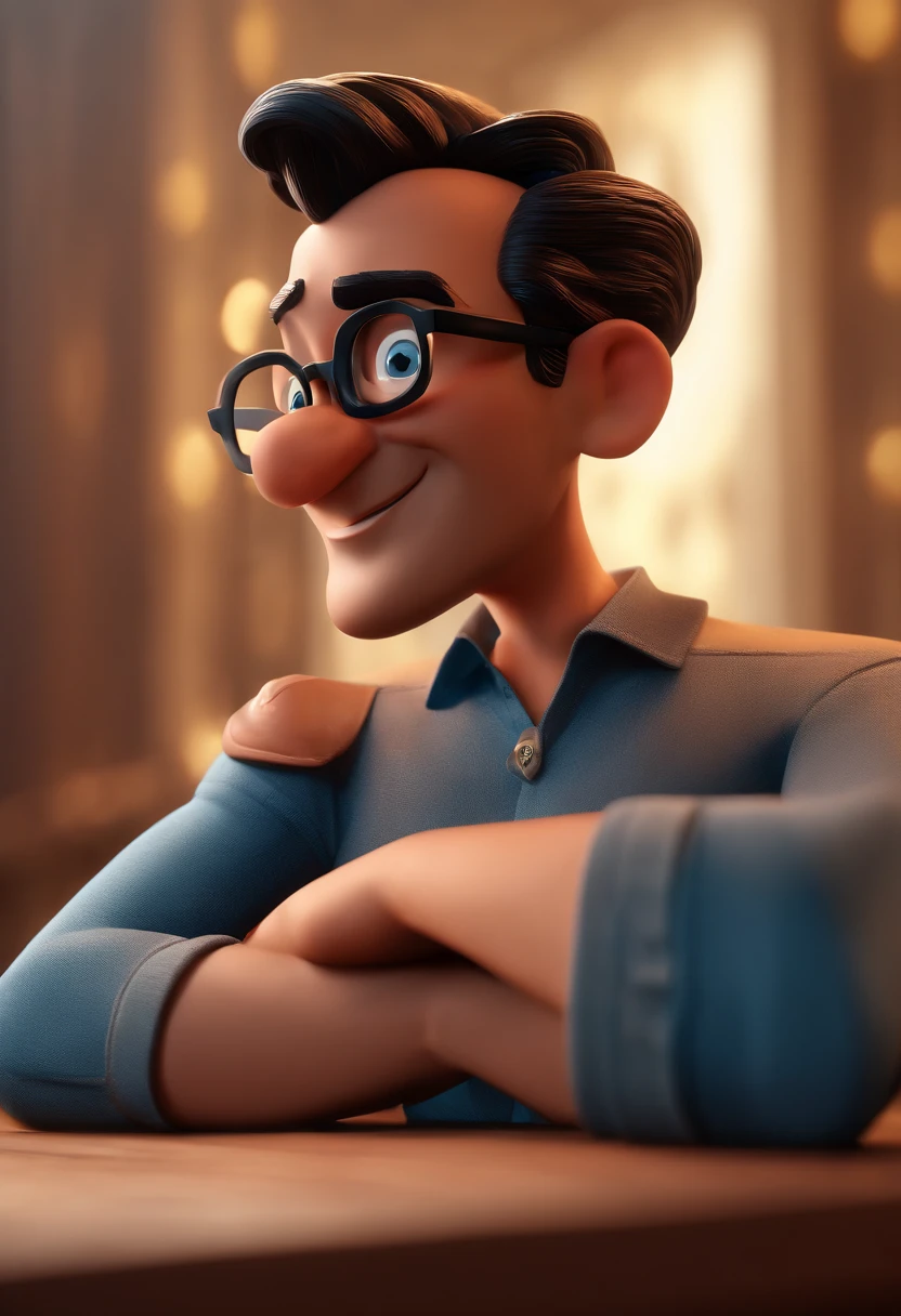Cartoon character of a man with black glasses and a blue shirt, animation character, Caractere estilizado, animation style rendering, 3D estilizado, Arnold Maya render, 3 d render stylized, toon render keyshot, Personagem 3D, Personagem 3D, 3d rendering stylized, 3 d character render, personagem de desenho animado, Personagem de close up, Pose de personagem, (Estilo Pixar) (master part:1.2) (Bokeh) (best quality) (pele detalhada) (textura detalhada) (8k) (argila) (Cinematic lighting) (foco nítido