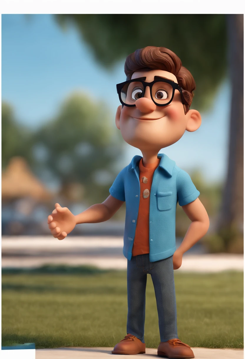 Cartoon character of a man with black glasses and a blue shirt, animation character, Caractere estilizado, animation style rendering, 3D estilizado, Arnold Maya render, 3 d render stylized, toon render keyshot, Personagem 3D, Personagem 3D, 3d rendering stylized, 3 d character render, personagem de desenho animado, Personagem de close up, Pose de personagem,  (Estilo Pixar) (master part:1.2) (Bokeh) (best quality) (pele detalhada) (textura detalhada) (8k) (argila) (Cinematic lighting) (foco nítido