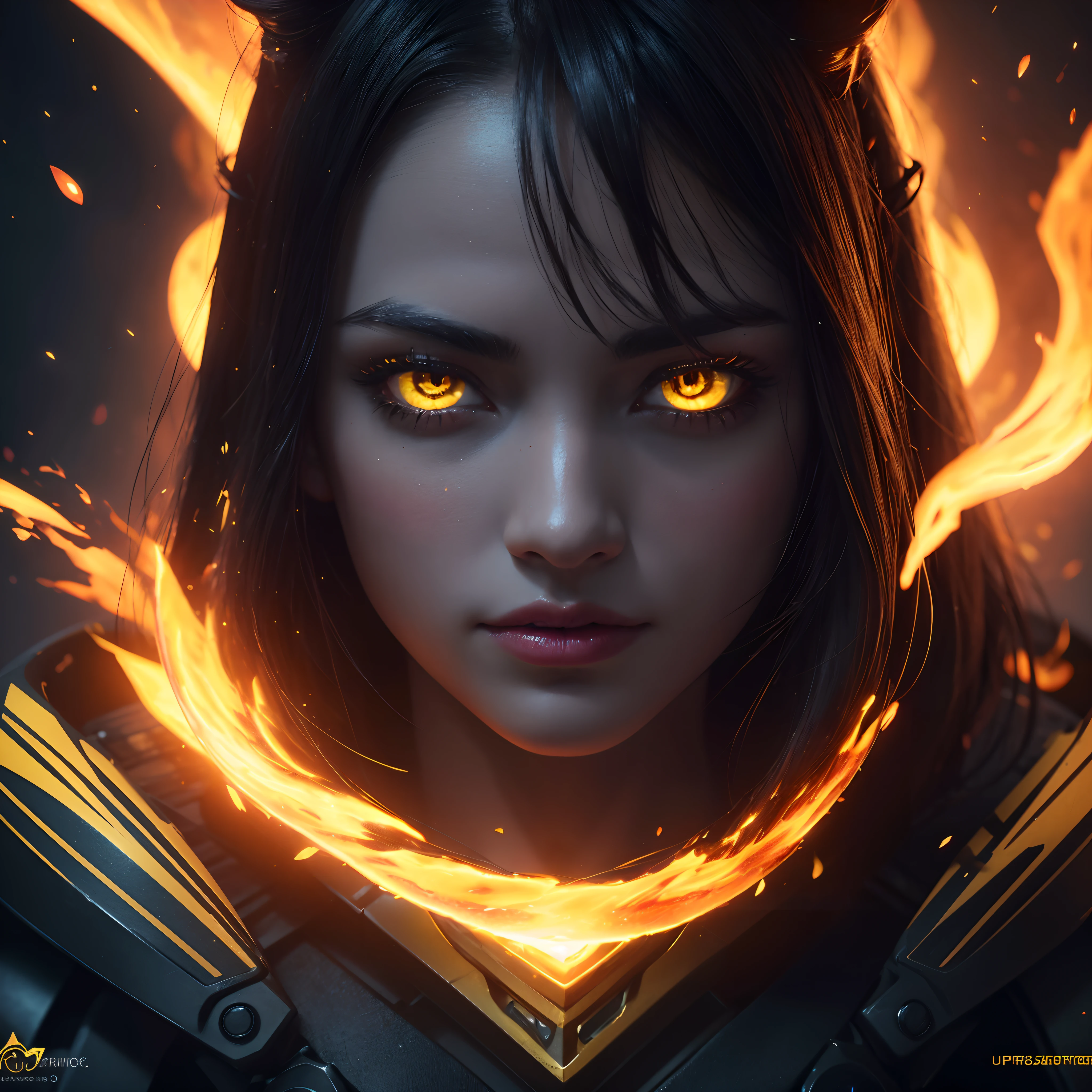 (best quality,4k,ultra-detailed,realistic:1.2), yellow glowing particles, firey eyes, dark shadow, beautiful detailed lips, vibrant colors, intense lighting