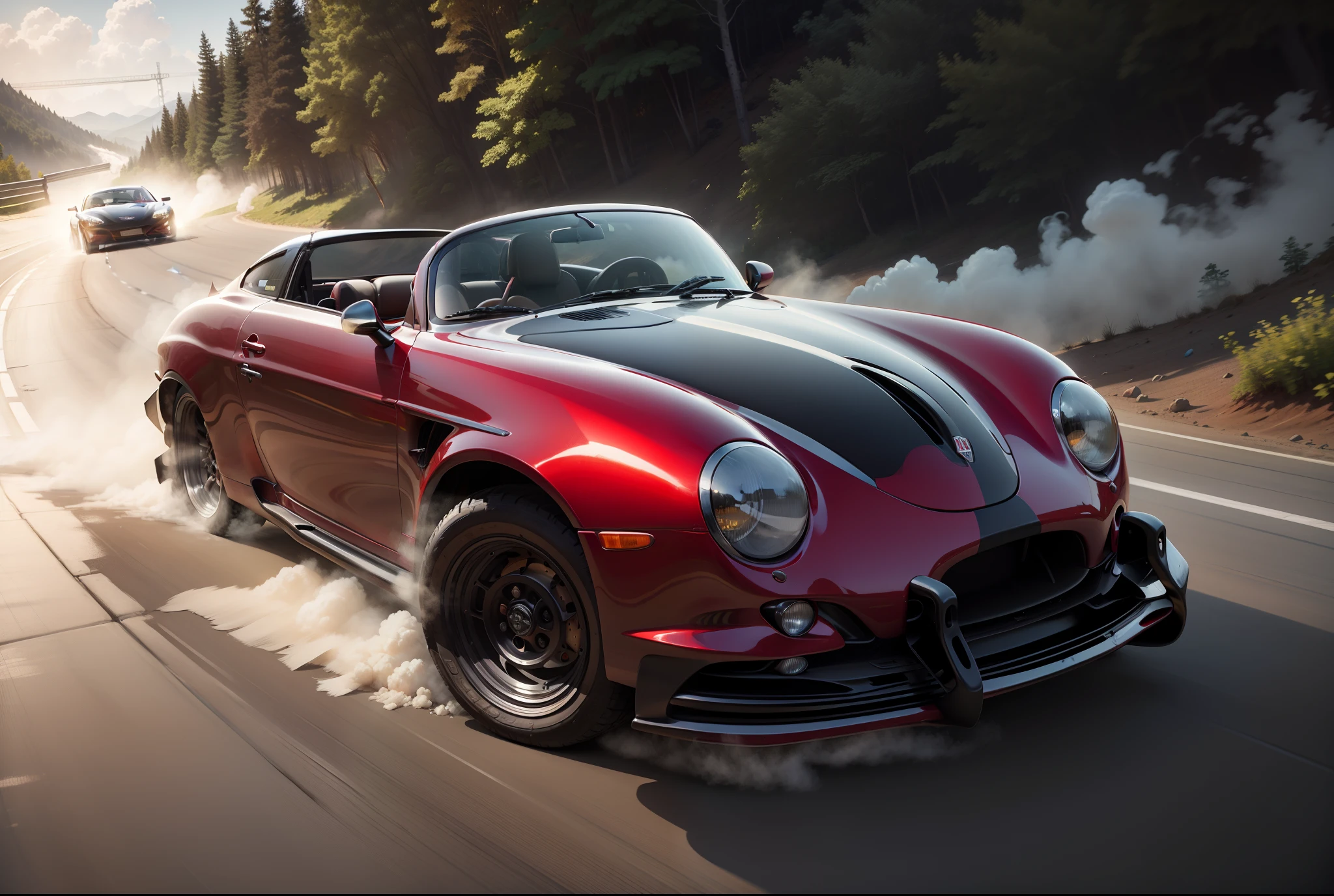 Photorealistic red Poesche 356 sports car drifting on mountain road, Formula Drift, Oversteer, Smoke coming from the rear tires, carro deslizando lateralmente perto do penhasco, Deriva, Gincana, Rali Cross, Automatic crossing