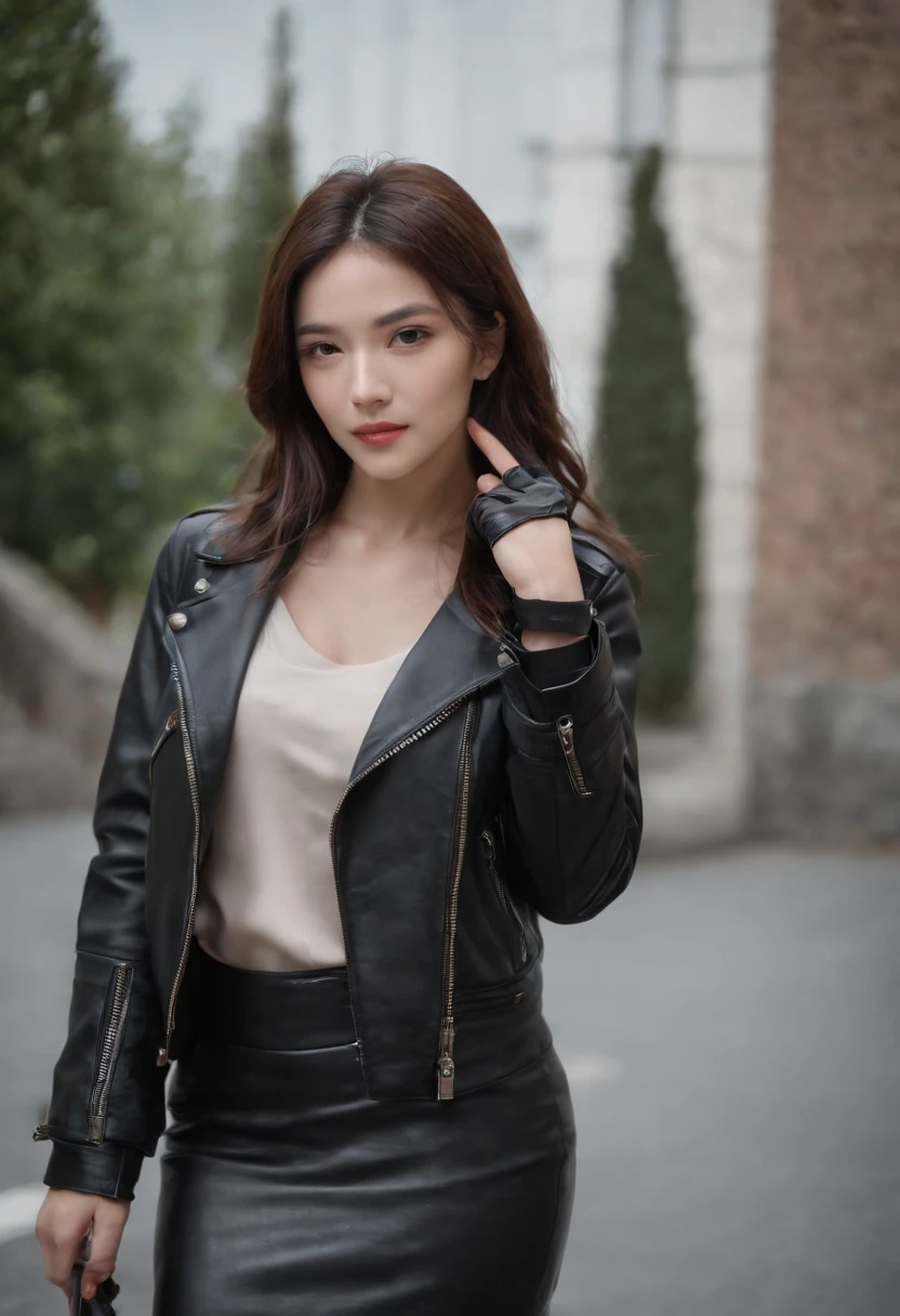 He wears black leather gloves on his upper body,Fingertips on both sides, Black leather double layer rider jacket, slender necklace, Delicate brunette hair, Young and cute Japanese-style president leather pants leather skirt