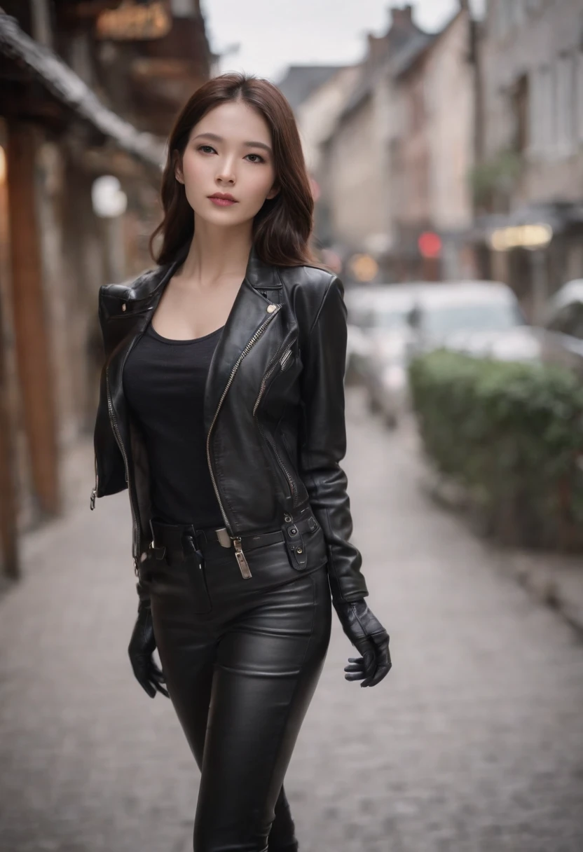 He wears black leather gloves on his upper body,Fingertips on both sides, Black leather double layer rider jacket, slender necklace, Delicate brunette hair, Young and cute Japanese-style president leather pants leather skirt