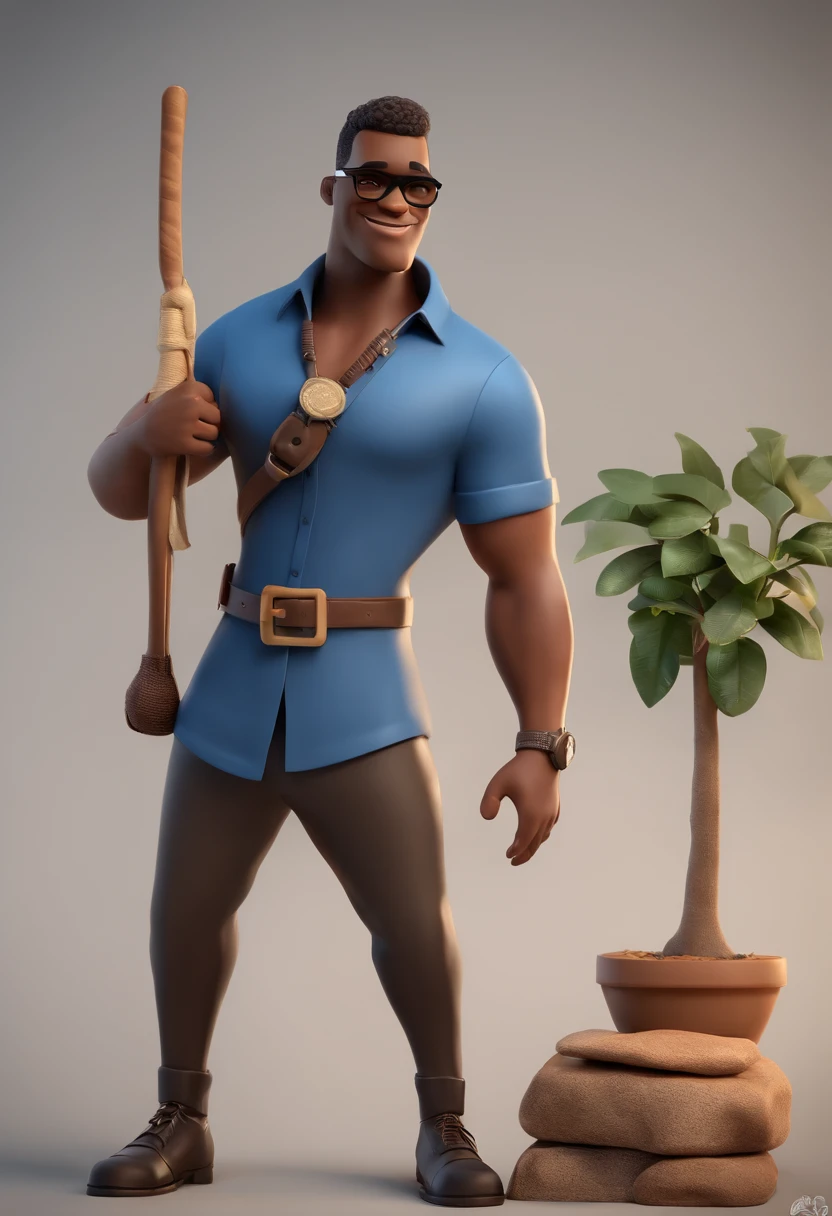 personagem dos desenhos animados de um homem negro, pele marrom, rosto redondo, with black glasses and a blue shirt, animation character, Caractere estilizado, animation style rendering, 3D estilizado, 3 d render stylized, toon render keyshot, Personagem 3D, Personagem 3D, 3d rendering stylized, 3 d character render, personagem de desenho animado, Personagem de close up, Pose de personagem, (Estilo Pixar) (master part:1.2) (Bokeh) (best quality) (pele detalhada) (textura detalhada) (8k) (argila) (Cinematic lighting) (foco nítido)