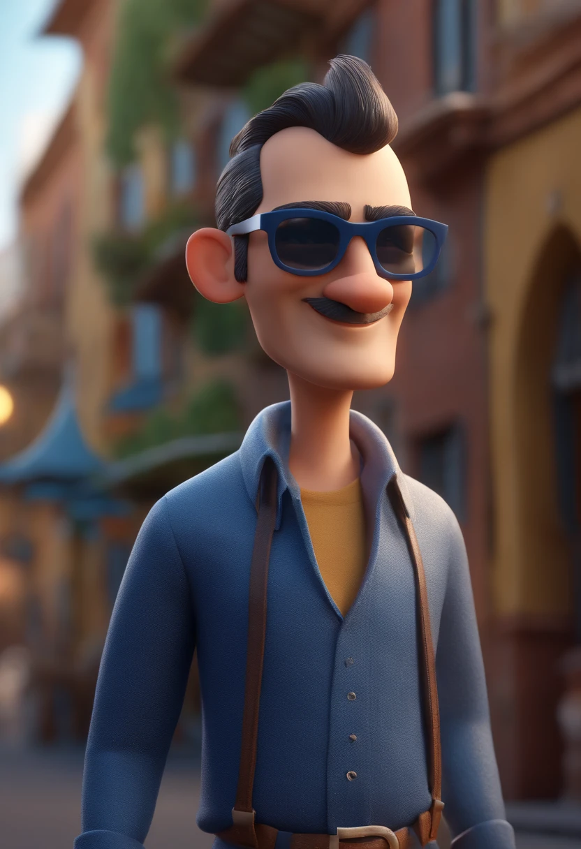 Cartoon character of a man with black sunglasses and a blue shirt with a fish, Topknot, barba, Fisherman Animation Character, Caractere estilizado, animation style rendering, 3D estilizado, Arnold Maya render, 3 d render stylized, toon render keyshot, Personagem 3D, Personagem 3D, 3d rendering stylized, 3 d character render, personagem de desenho animado, Personagem de close up, Pose de personagem,  (Estilo Pixar) (master part:1.2) (Bokeh) (best quality) (pele detalhada) (textura detalhada) (8k) (argila) (Cinematic lighting) (foco nítido