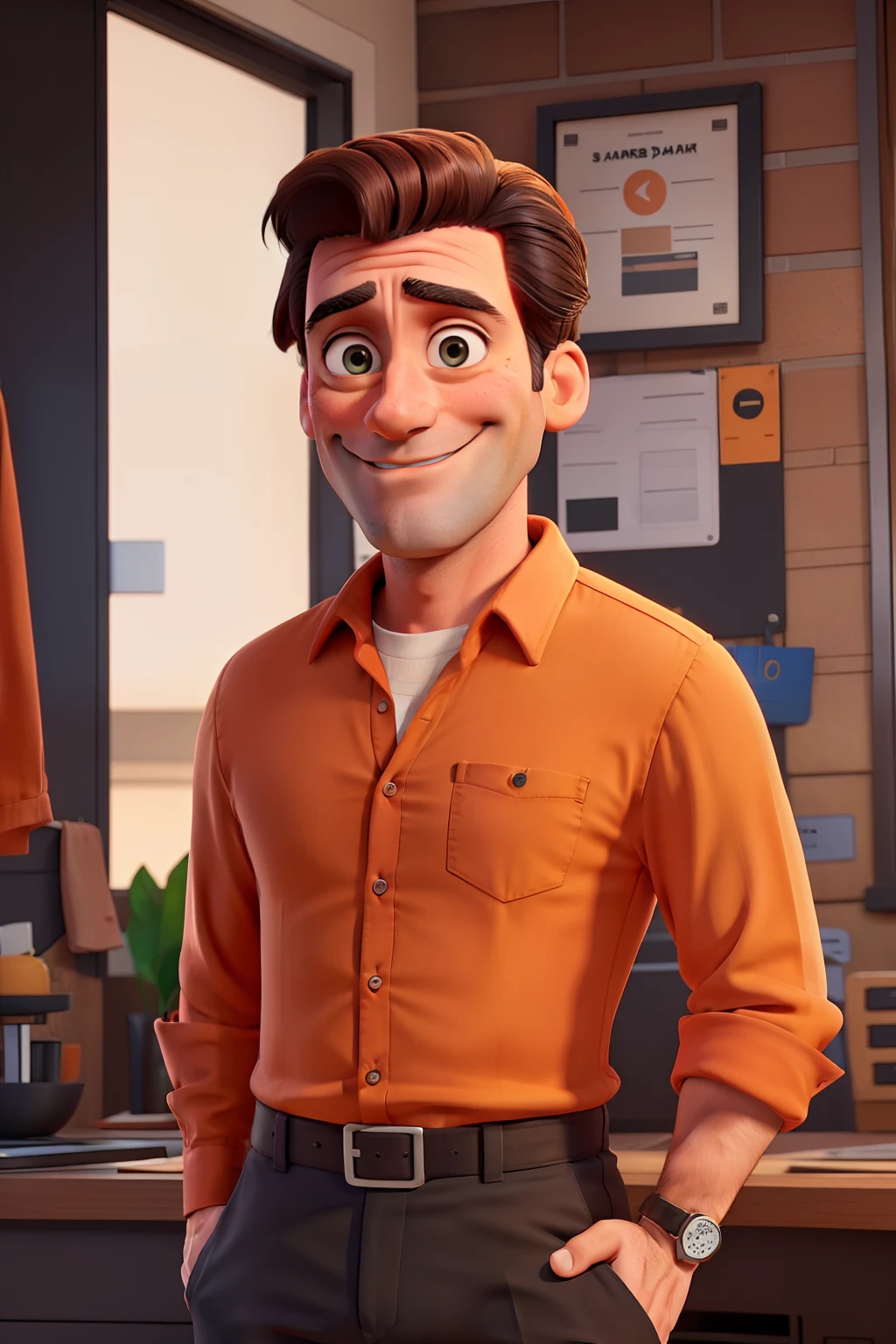 Jon Hamm dressed in an orange shirt and black pants, sorrindo e apontando para o lado com o dedo indicador