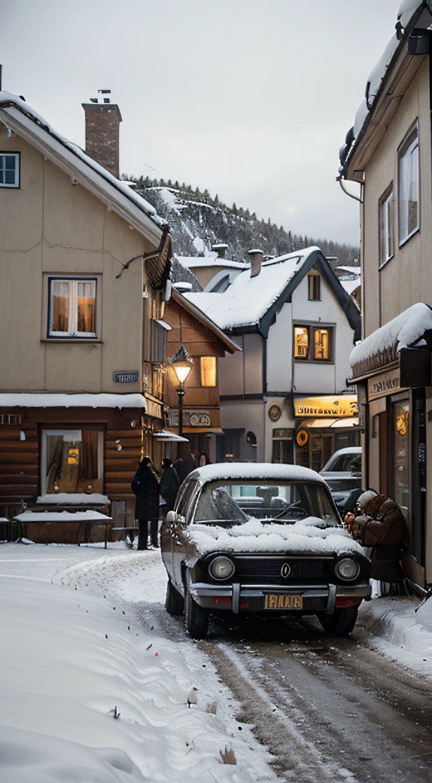 Ultrarelistic, Sweden village, 1970s, old times, seventies, retro style, synthwave, winter, a lot of snow, oldschool cars standing on street, cozy atmosphere, warm light, night, snowing, artwork