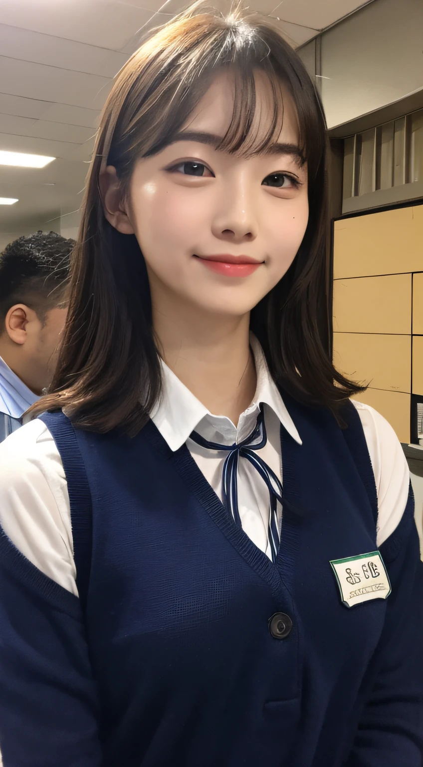 Highly detailed 8k wallpaper), sharp focus, detailed, dramatic, delicate and beautiful schoolgirl, white shirt, navy blue ribbon collar, dark blue pleated micro mini, sexy, smile, peek at the viewer, graphics beautiful, bright school building, full of students, show the whole body,.
