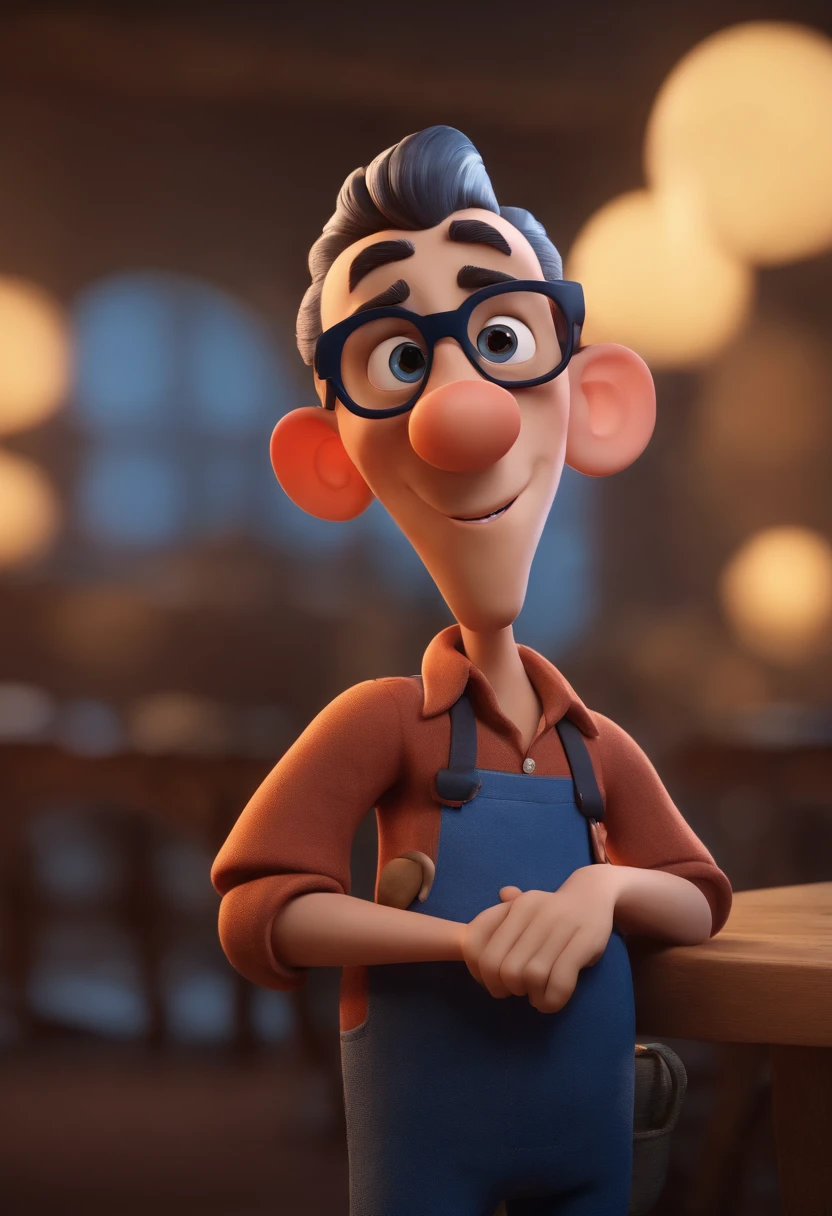 Cartoon character of a man wearing black glasses and a blue shirt, um personagem animado, Caractere estilizado, animation style rendering, 3D estilizado, Arnold Maya render, 3 d render stylized, toon render keyshot, Personagem 3D, Personagem 3D, 3d rendering stylized, 3 d character render, personagem de desenho animado, Personagem de close up, Pose de personagem, (Estilo Pixar) (master part:1.2) (Bokeh) (best quality) (pele detalhada) (textura detalhada) (8k) (argila) (Cinematic lighting) (foco nítido,Senta e vaza a parte superior do corpo