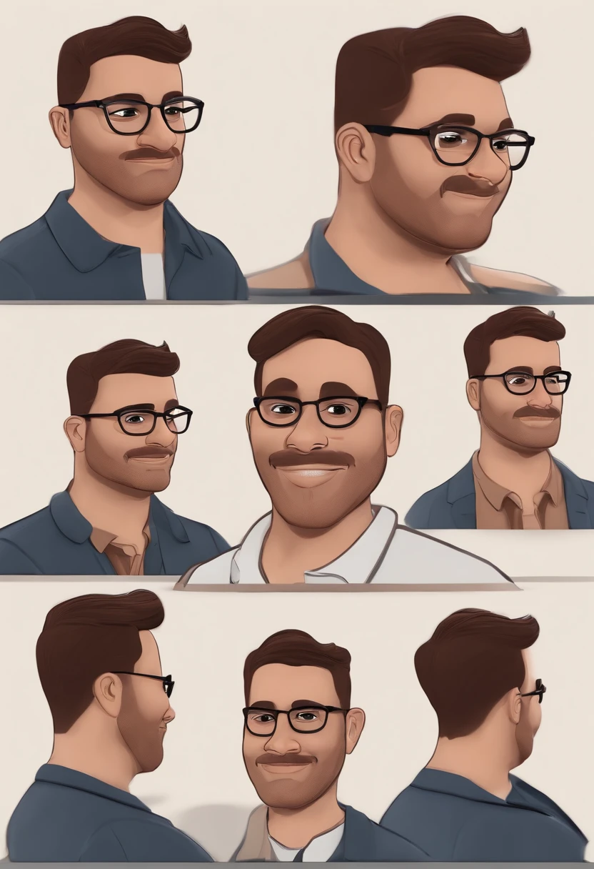 personagem dos desenhos animados de um homem de pele marrom, rosto redondo, cabelo raspados e preto, meio calvo, with black glasses and a blue shirt, animation character, Caractere estilizado, animation style rendering, 3D estilizado, 3 d render stylized, toon render keyshot, Personagem 3D, Personagem 3D, 3d rendering stylized, 3 d character render, personagem de desenho animado, Personagem de close up, Pose de personagem, (Estilo Pixar) (master part:1.2)  (melhor qualidade) (pele detalhada) (textura detalhada) (8k) (argila) (Cinematic lighting) (foco nítido)