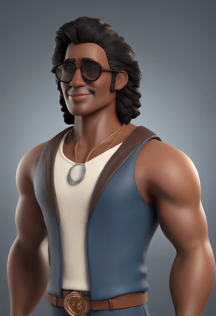 personagem dos desenhos animados de um homem de pele marrom, rosto redondo, cabelo raspados e preto, meio calvo, with black glasses and a blue shirt, animation character, Caractere estilizado, animation style rendering, 3D estilizado, 3 d render stylized, toon render keyshot, Personagem 3D, Personagem 3D, 3d rendering stylized, 3 d character render, personagem de desenho animado, Personagem de close up, Pose de personagem, (Estilo Pixar) (master part:1.2)  (melhor qualidade) (pele detalhada) (textura detalhada) (8k) (argila) (Cinematic lighting) (foco nítido)