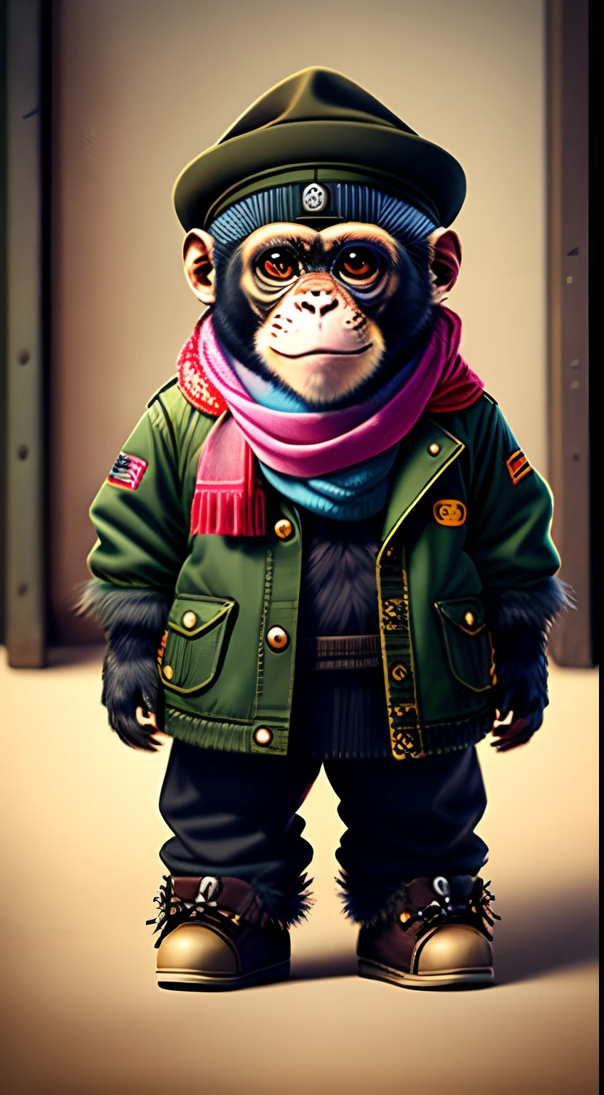 Image of a monkey in a hat and scarf, Trends in the art station, Next to him are his three cubs ; dressed in punk clothes, Ultra-realistic detail rendering, british gang member, urban style, intimidating pose, Planet of the Apes, trendy clothes, urban samurai, meow, west slavic traits, 8 1 5