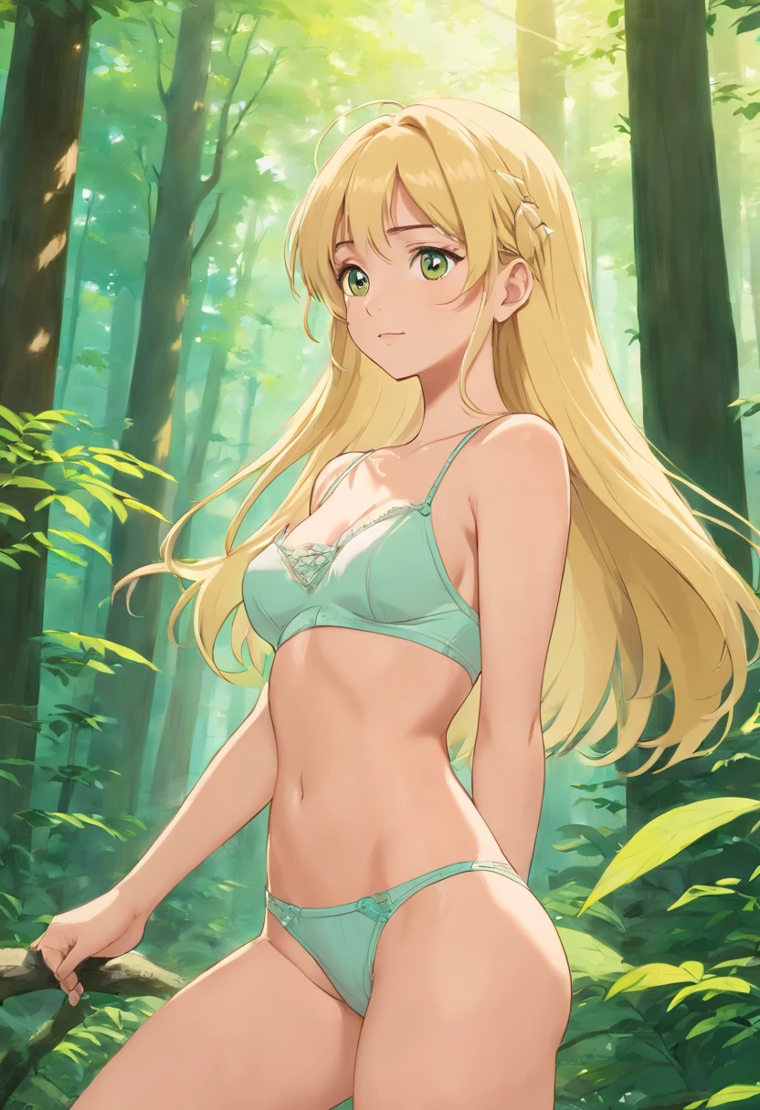 A sexy young woman, 21 years old, long blonde hair, slim athletic body, medium breasts, lingerie, sexy, undressing, nsfw, boudoir, in the forest scenery background