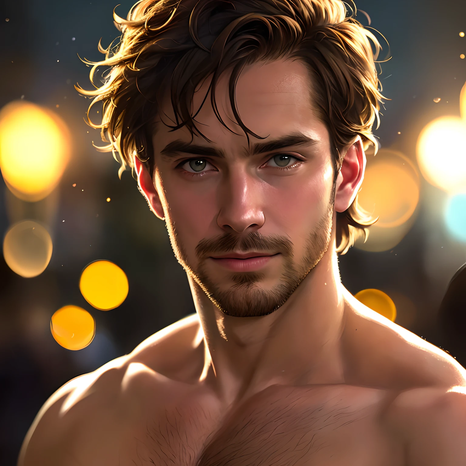 masterpiece, best quality, close-up portait, handsome shirtless scruffy daddy, (bokeh), realistic, dramatic lighting, atmospheric, intricate detail