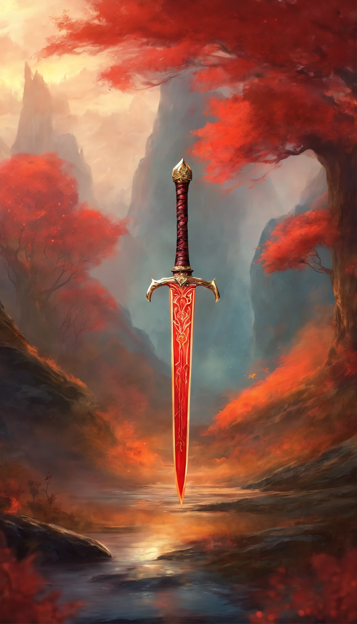 a big legendary sword with fiery details, red blade, uma gema vermelha no punho